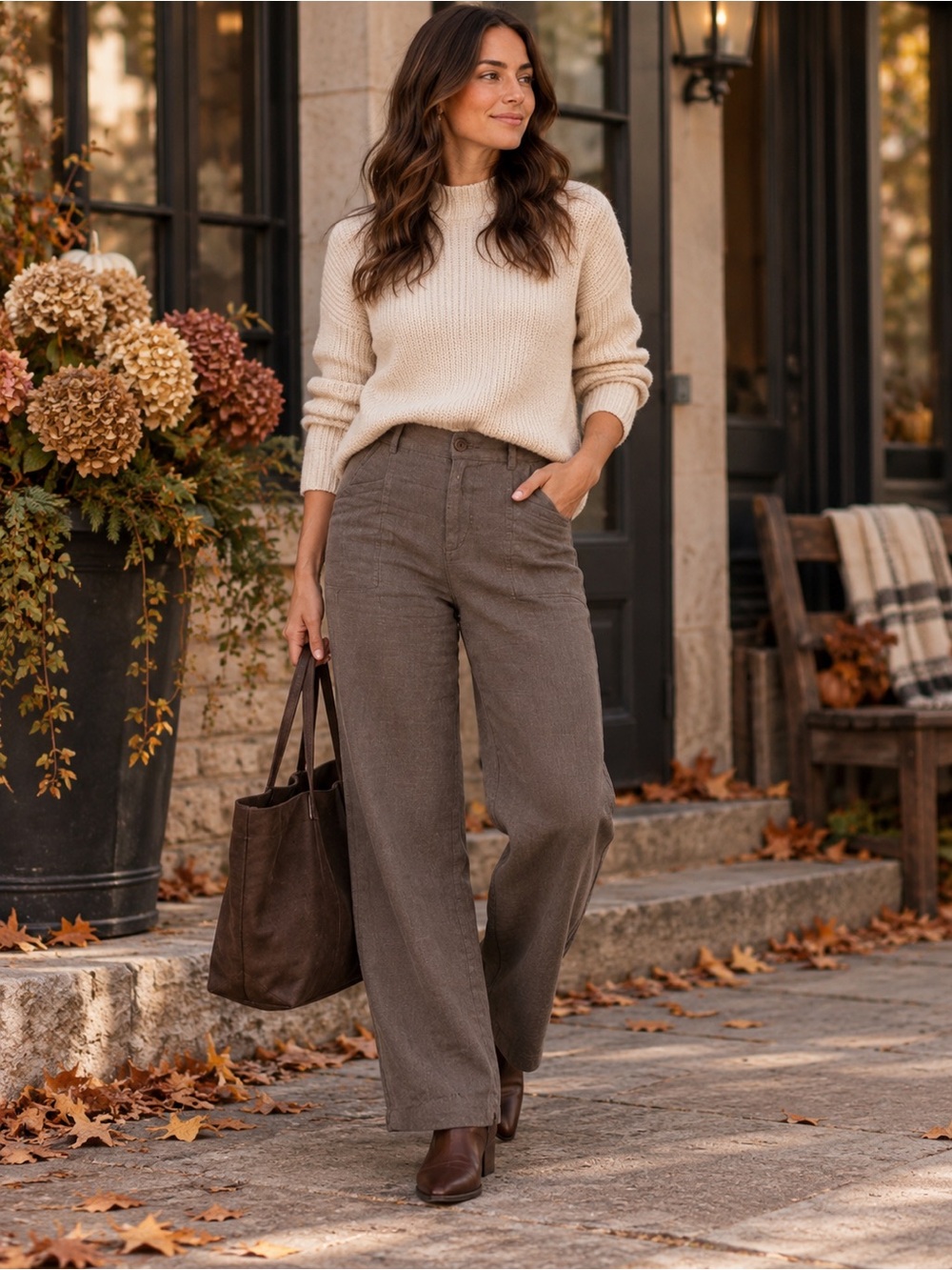 Nicole Miller 100% Linen Utility Pants Medium Brown Gray Straight Leg